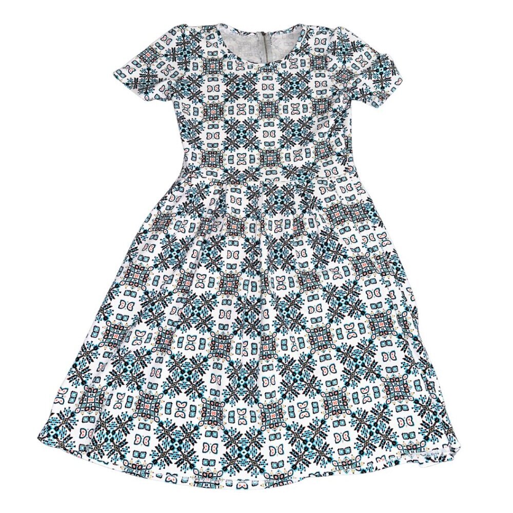 LuLaRoe White Midi Dress with Teal and Black Geometric Print